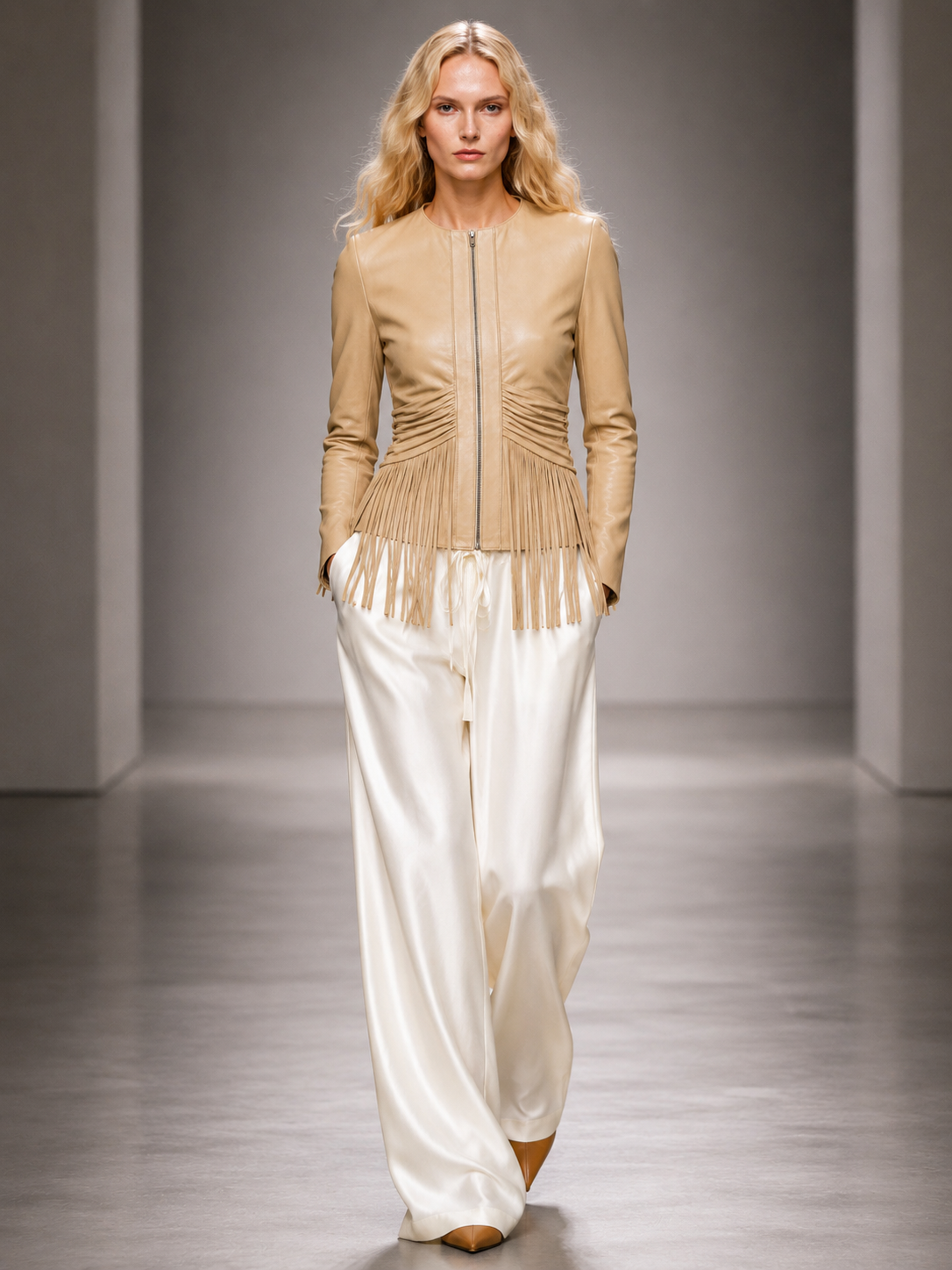Leather Fringe Jacket Taupe