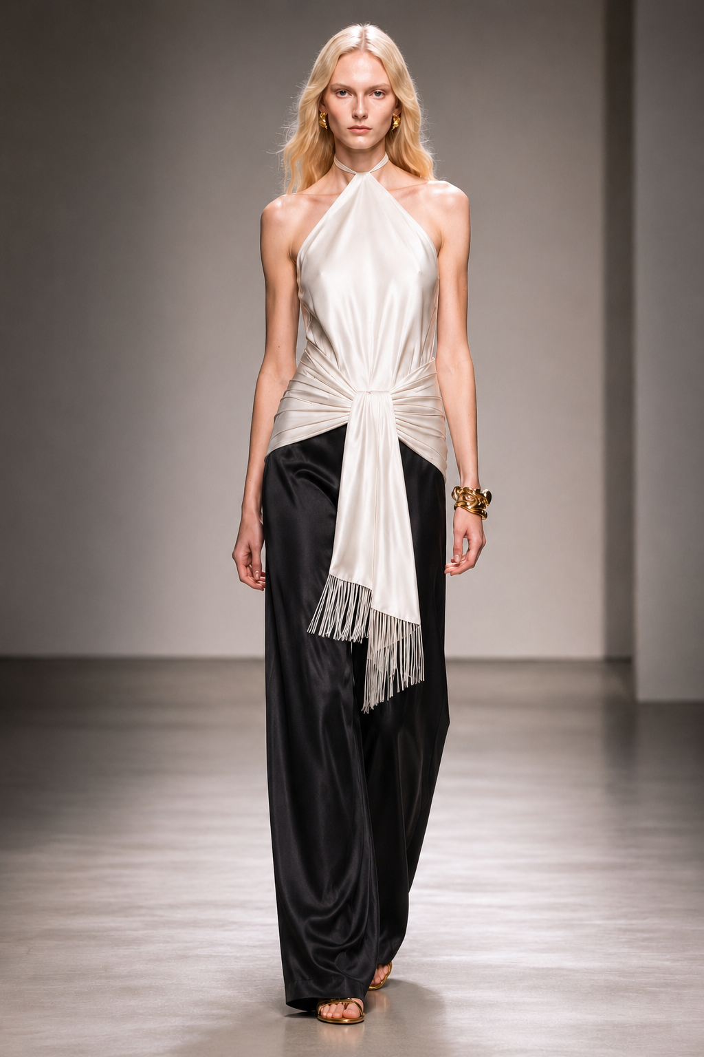 Wrapped Silk Fringed Halter Top Ivory